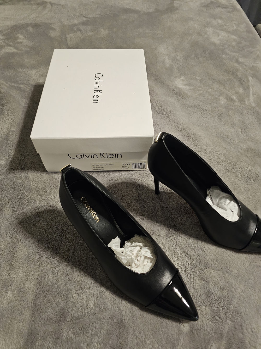 Calvin Klein Black Pointed Toe Patent Cap Stiletto Pumps